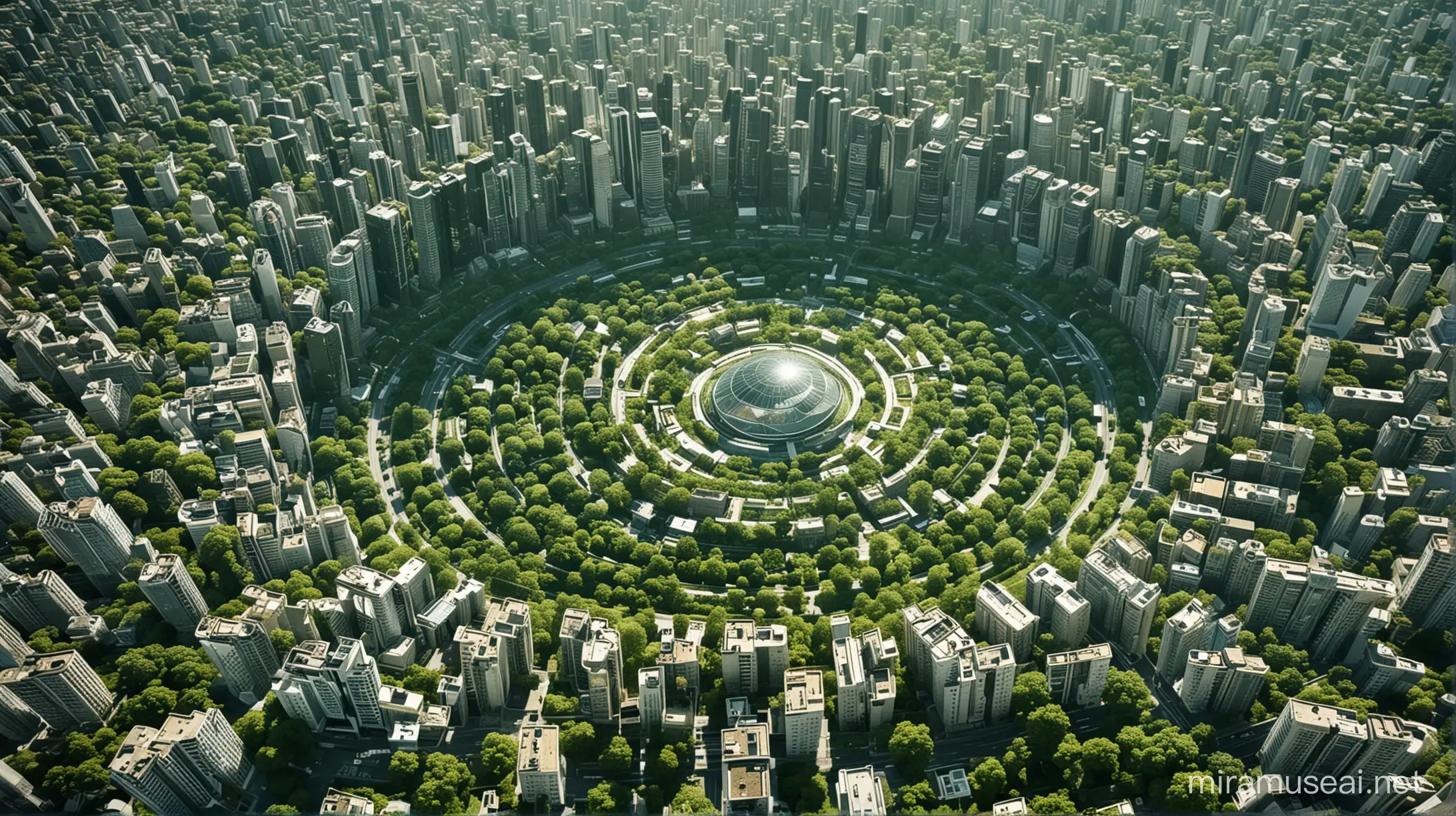 beautiful, green, utopian, city, futuristic, looking down, circular