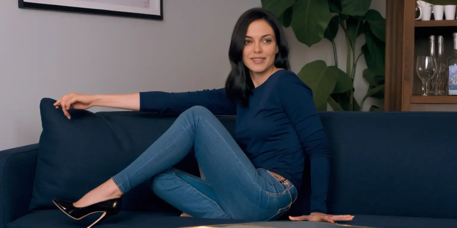 frau 30 zieht hat ihre pumps auf der couch auf einer party ausgezogen. Sie sitzt auf einer couch. sie trägt ein langärmiges dunkelblaues oberteil und eine dunkelblaue jeans.