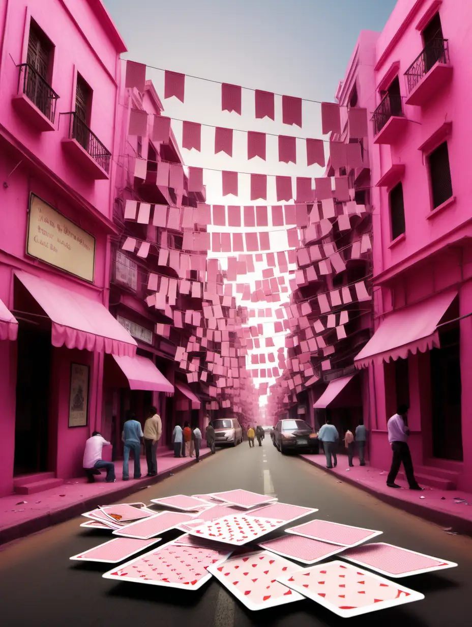 create a realistic image of a busy street with lots of cards in a pink city