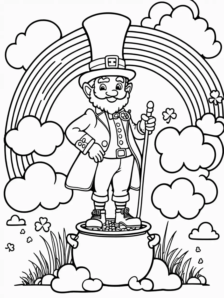 coloring page for children, single thick black line, single line doodle, St. Patrick's Day leprechaun standing by a pot of gold on a cloud
