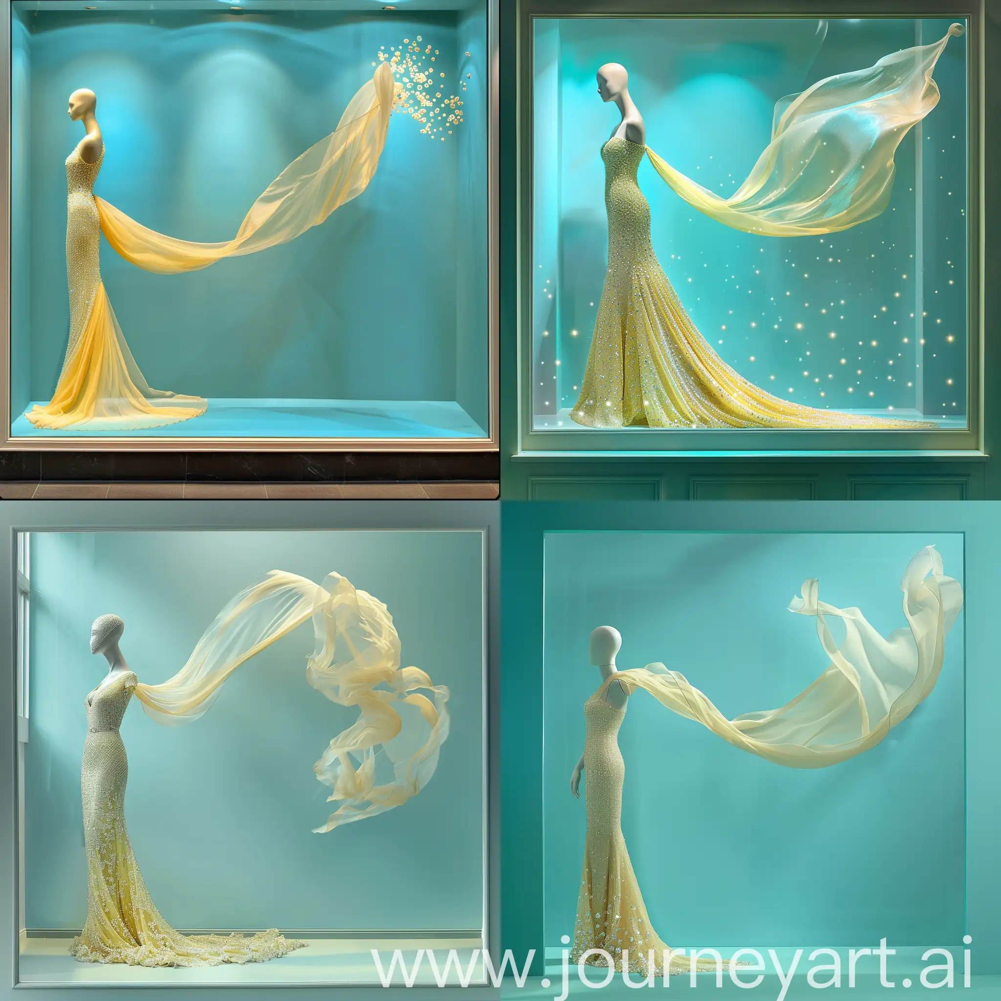 A shop window with a mannequin on the left of the window wearing a tight and very long evening dress, light yellow studded with diamonds, and from the tail of the dress emits an organza fabric that flies from the floor to the right of the window and then completely upwards in a soft and romantic way as if it were part of the dress and in the same color with a plain aqua blue background. 