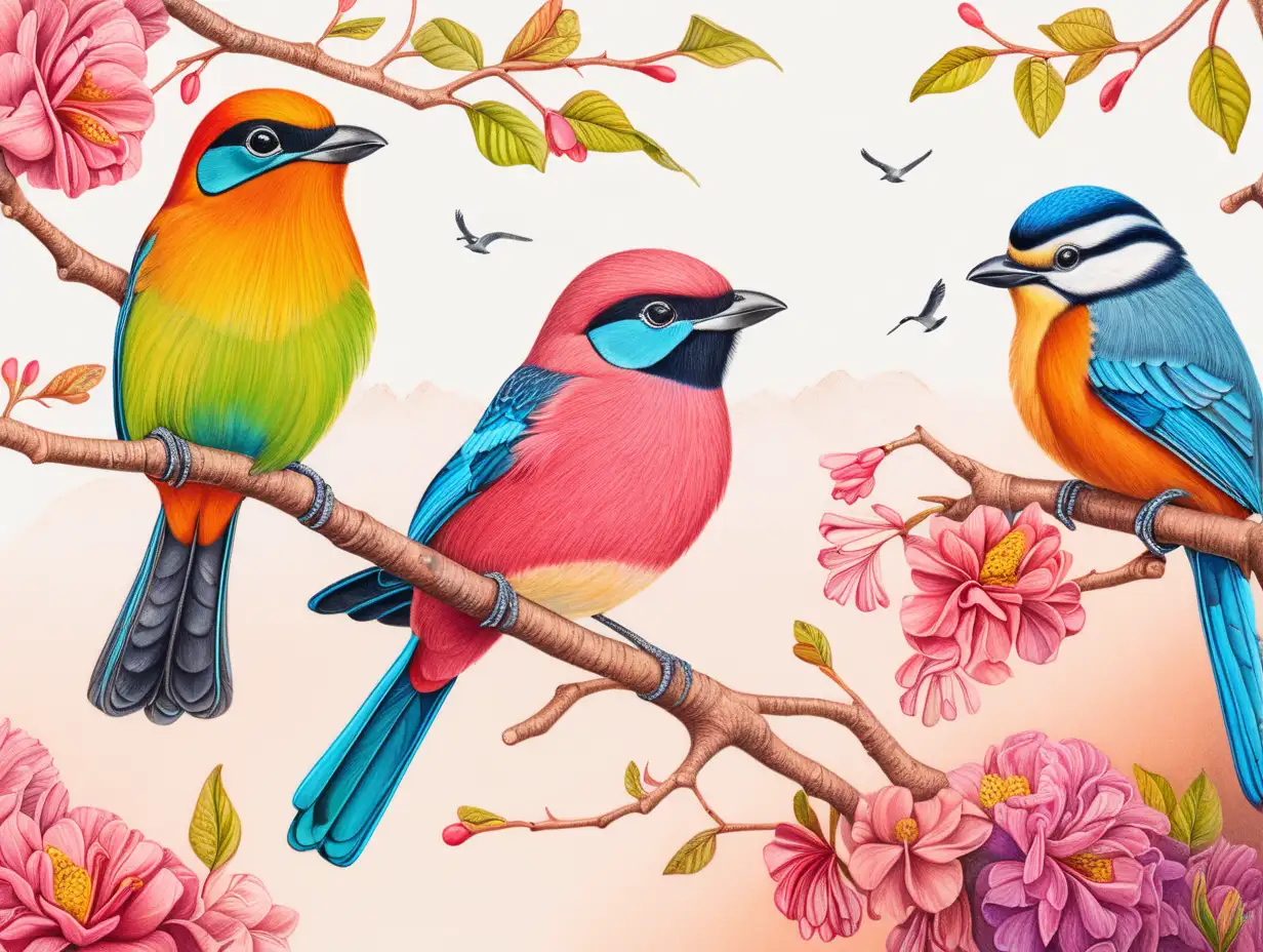 birds drawing in full vibrant  colour with background