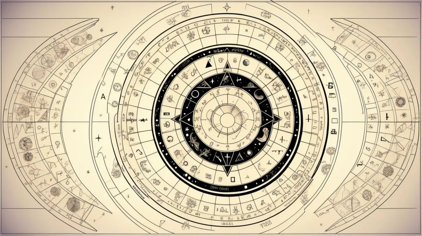 Astrological Wheel with Geometric Black Shapes and Triangle Design