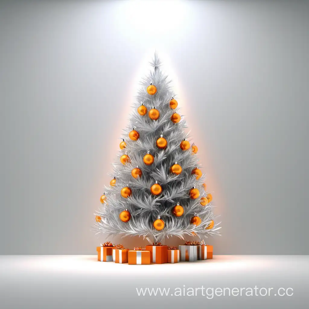 белый серый фон зеленая новогодняя елка серебристая оранжевая мишура новогодние огоньки поздравление с новым годом