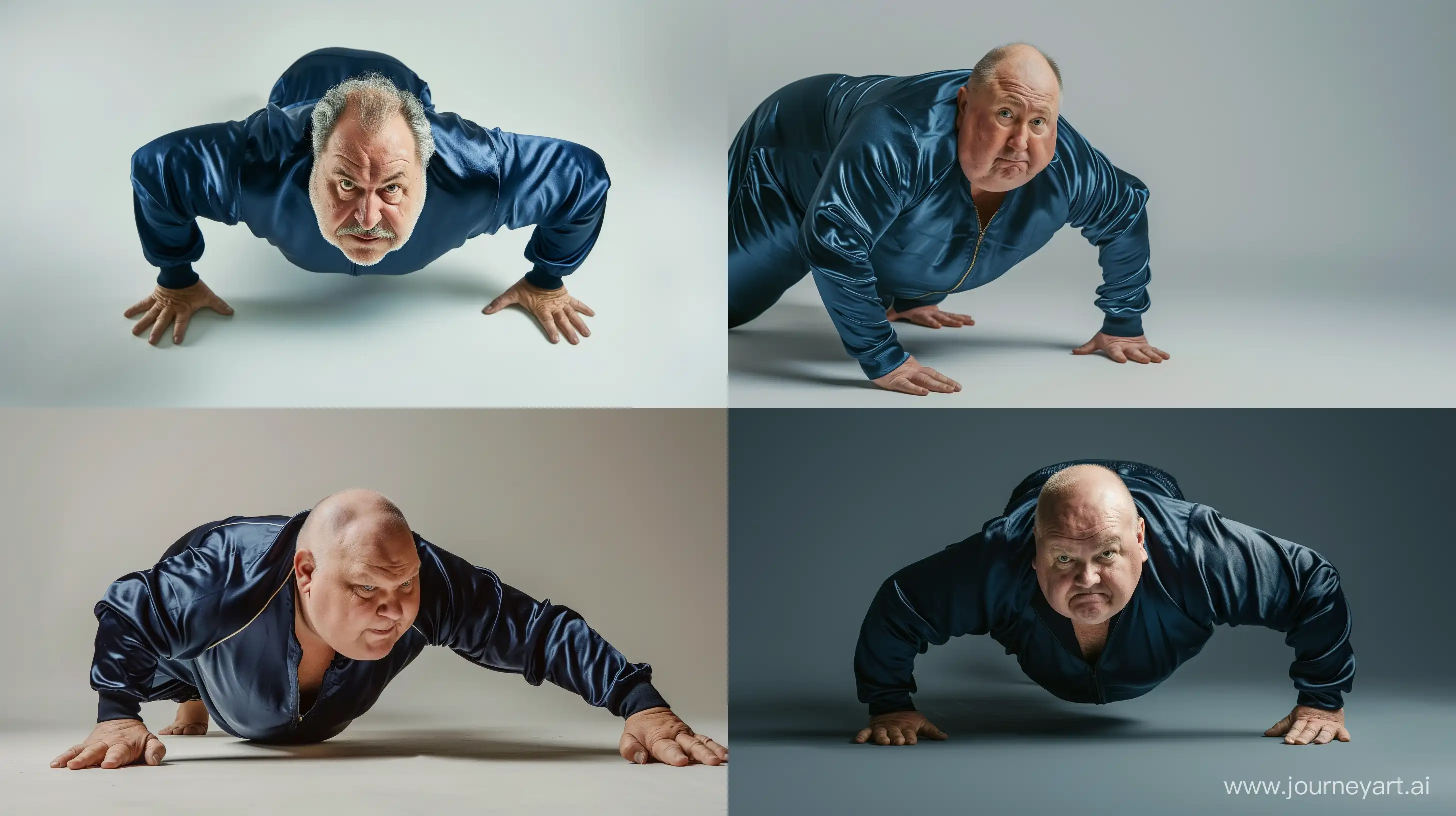 High angle candid shot photo of a fat man aged 60 wearing silk navy tracksuit. Doing push-ups. --style raw --ar 16:9