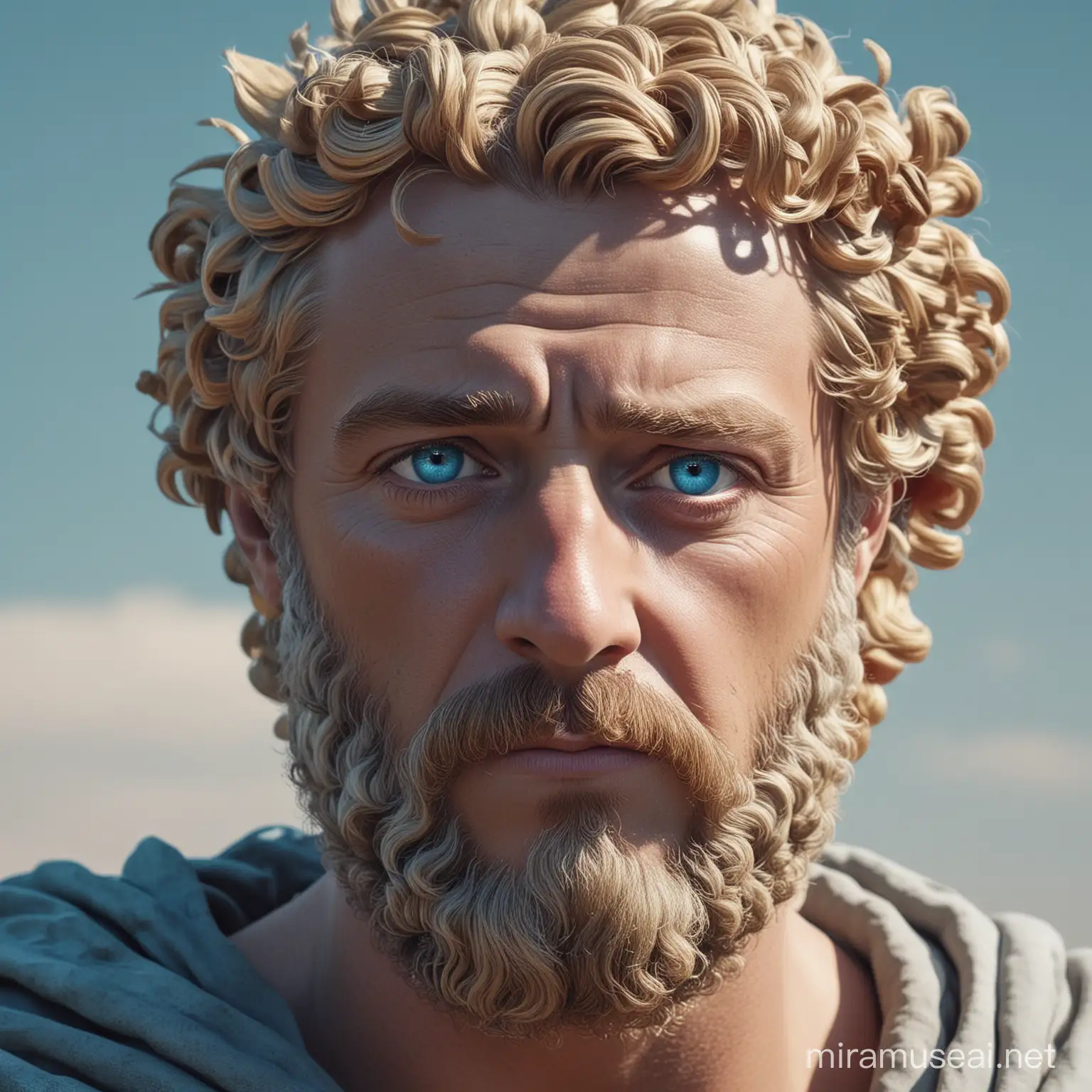 Marcus aurelius in 4k showing him as a strong and powerful stoic with blue eyes and blond hair, please apply a color gradient filiter starting with blue / purpule to pinkish red. it needs to be a profile picture zoom out and please keep the head centered in the picture, make him look philosophical and make him look like he is wondering about how to solve problems. make him handsome and strong looking