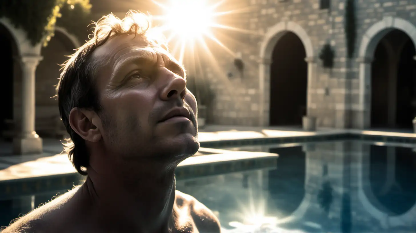 Serene Scene by the Pool of Bethesda Hopeful Man Gazes at Divine Healer in Sunlight