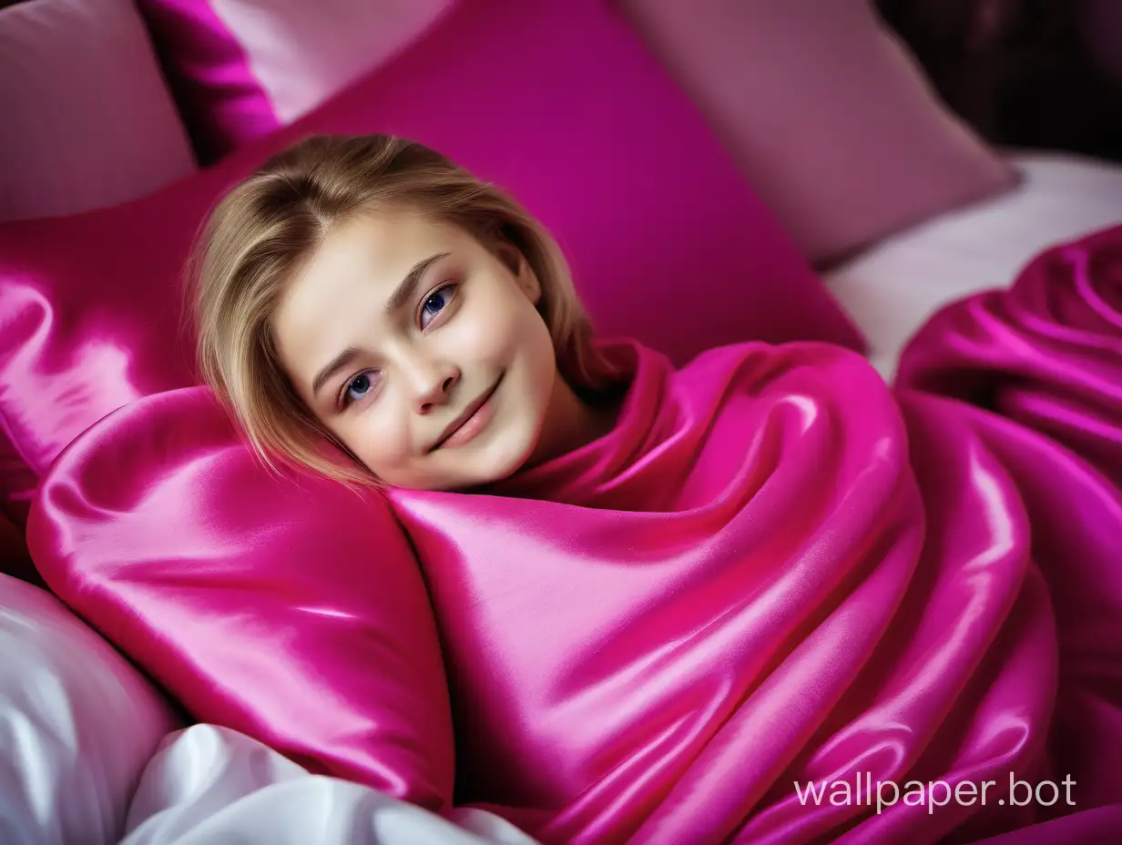 Gently smiling Yulia Lipnitskaya Relaxing on Luxurious Pink Fuchsia Silk Pillow and Blanket