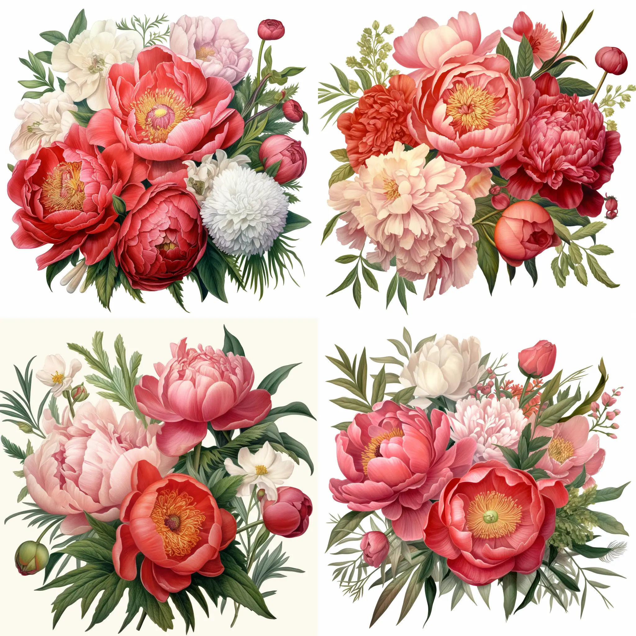 An exquisite bouquet of fully bloomed and budding peonies with vibrant red and soft peach petals, detailed with realistic shading, surrounded by lush green leaves and delicate unopened buds, with a high level of botanical illustration detail, on a plain white background."