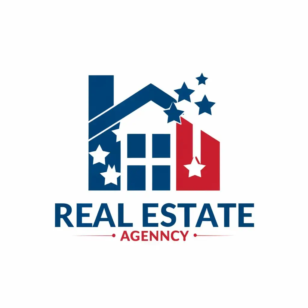 a logo design,with the text '4U', main symbol:We need a logo to real estate agency, we think the mixed American flag and a house,Moderate,be used in Real Estate industry,clear background