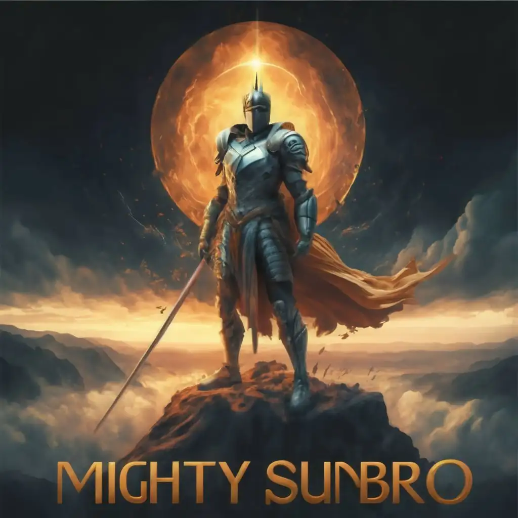logo, photorealistic knight stand on a cliff in sunlight with his hands held high into the sky, with the text "MightySunbro", typography
