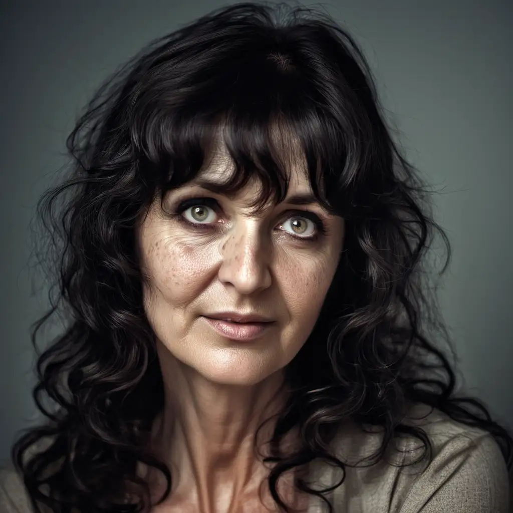 woman beautiful, georgian, with fringe, nice eyes, 50 years old, dark wavy hair, little birthmarks
