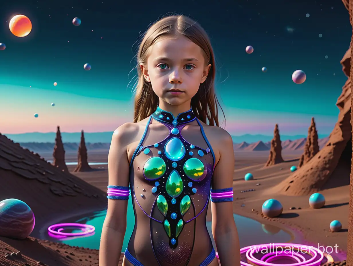 Greta Thunberg girl 11 years old chic bodystocking jewels full length on alien planet neon futurism with two moons