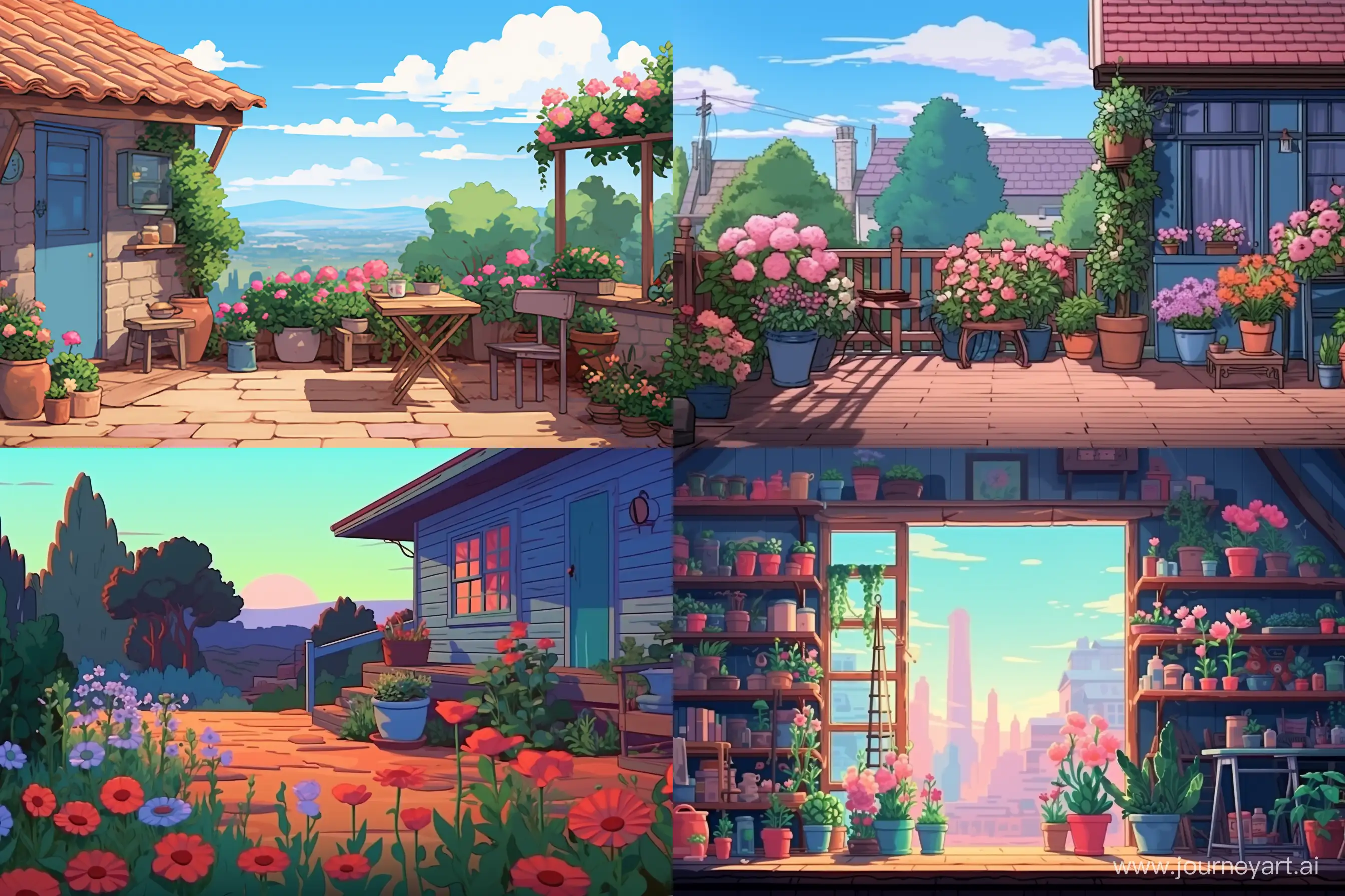 Retro Studio Ghibli scene style, [A blue, rustic-style brick house surrounded by many flower pots that have pink or red flowers all over them.],  minimal soft shading, bold, lined, 2D, flat, low detail, animated film pioneer --ar 3:2 --style raw --c 20 --v 5.2
