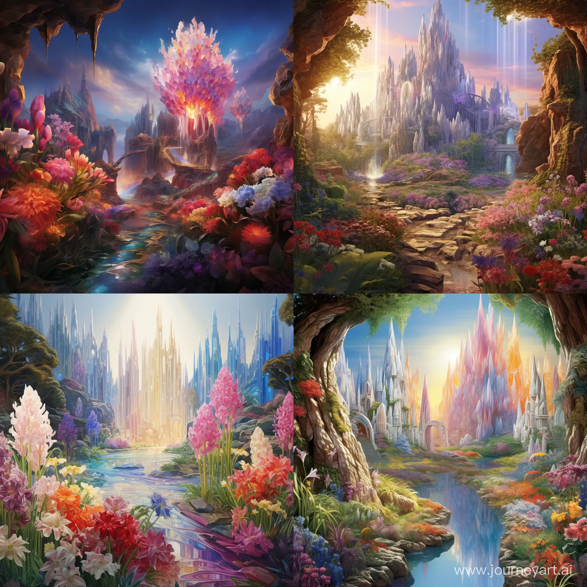 Imagine a landscape adorned with towering crystal formations that refract sunlight into a dazzling array of colors, casting iridescent hues across the entire landscape. The gardens are filled with vibrant, luminous flora that pulsate softly, emitting a gentle glow that dances harmoniously with the soft whispers of the breeze.