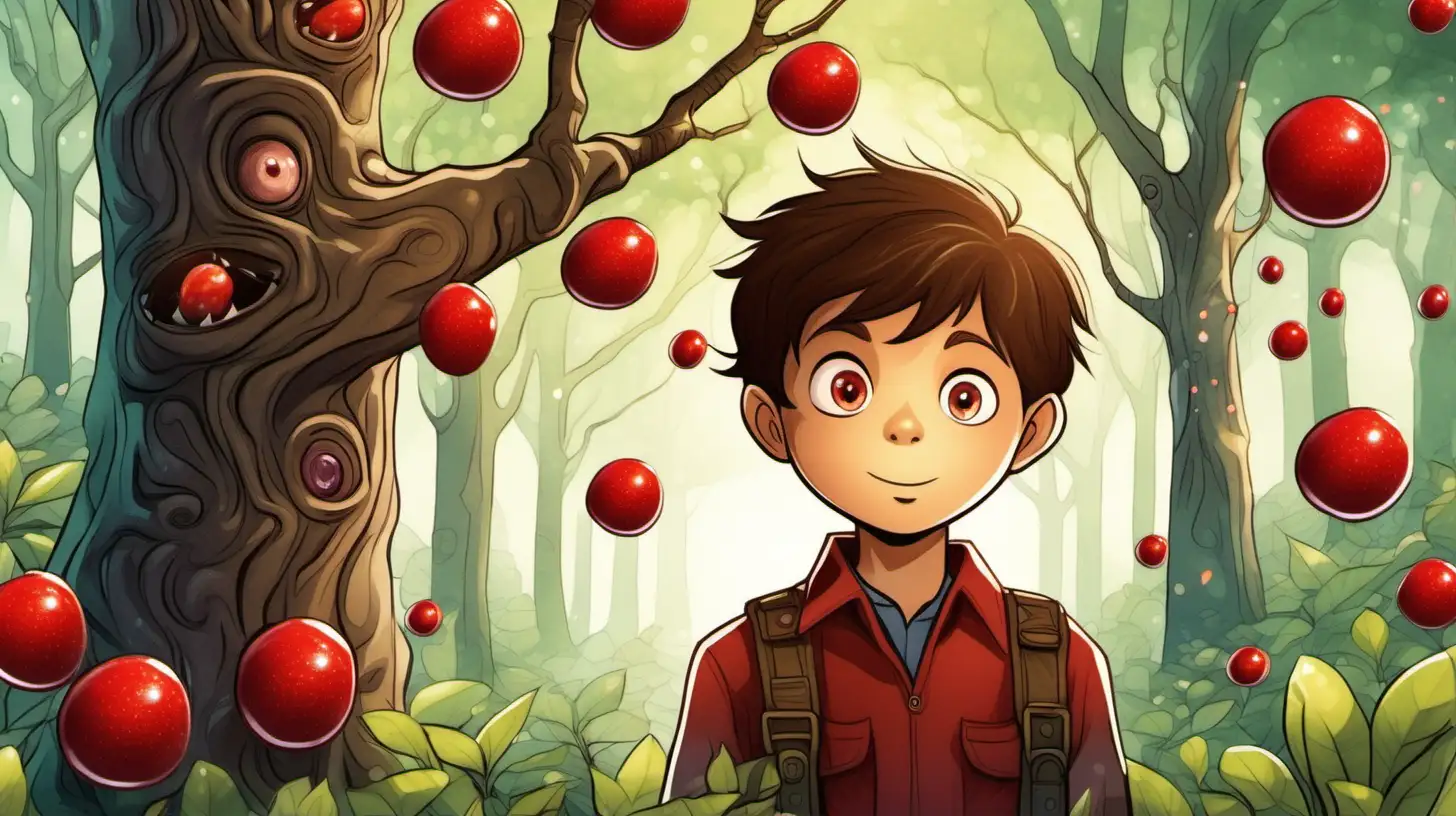 Enchanting Encounter BrownHaired Boy and Candy Tree in the Magical Forest