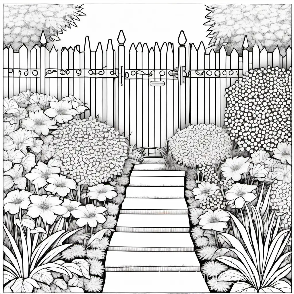 A tranquil garden with blooming flowers and hidden shadows, symbolizing the beauty found in embracing the entirety of the self., Coloring Page, black and white, line art, white background, Simplicity, Ample White Space. The background of the coloring page is plain white to make it easy for young children to color within the lines. The outlines of all the subjects are easy to distinguish, making it simple for kids to color without too much difficulty
