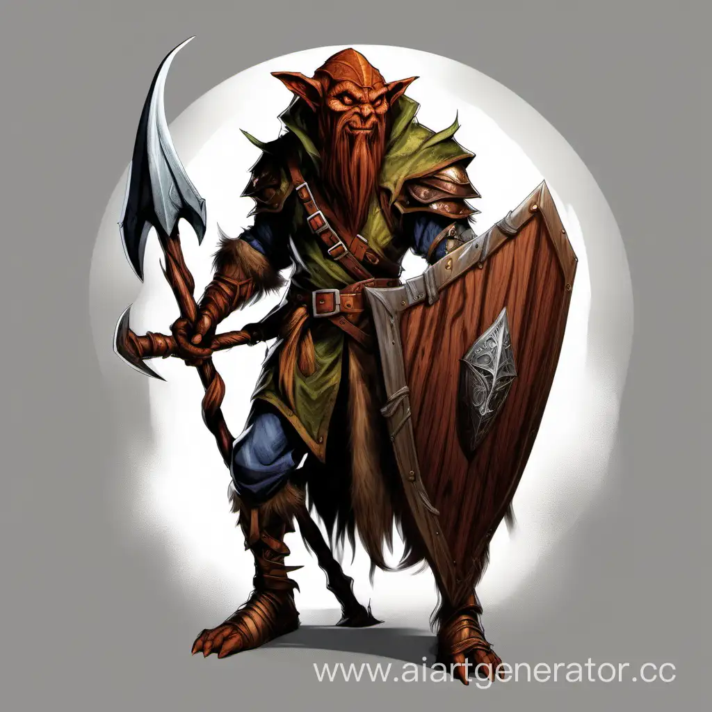 hobgoblin druid with sickle and wooden shield in hand, dnd, fantasy, skin armor