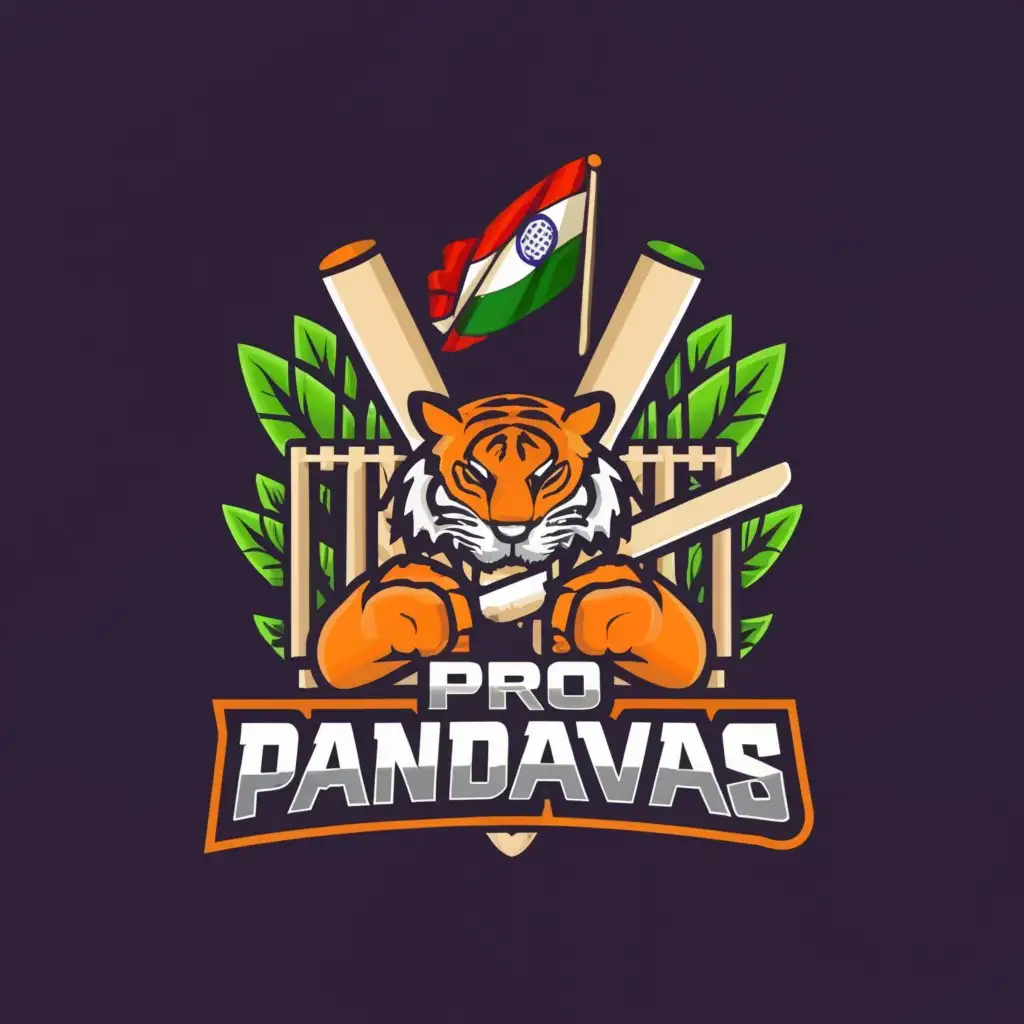 a logo design, with the text 'Pro Pandavas', main symbol: Cricket bat, ball, wickets, tri colour, tiger, Moderate, clear background. Mention umelman instead on 1022