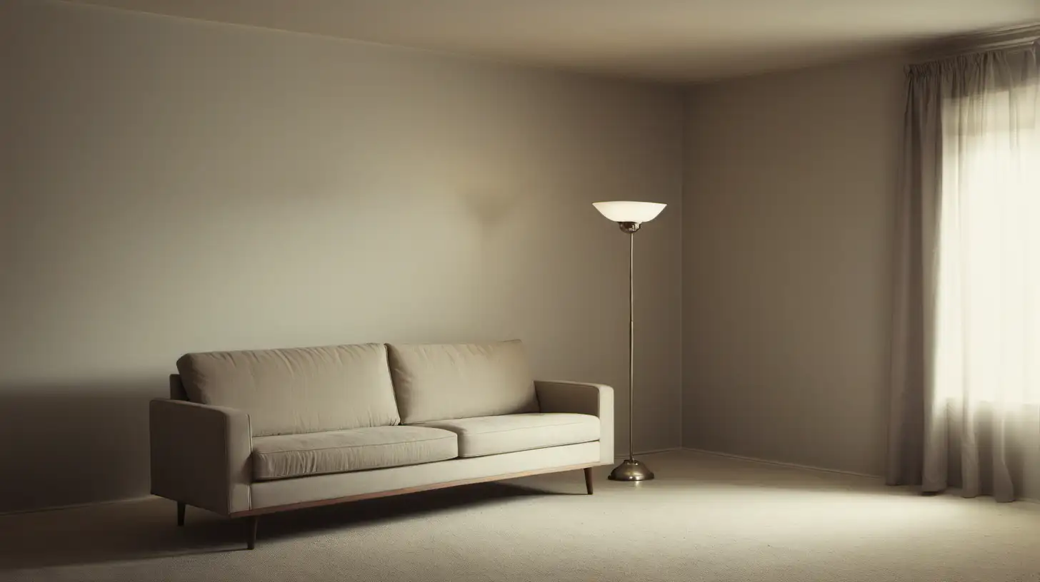 An overview of a sparsely furnished living room that contains only a couch and a lamp.