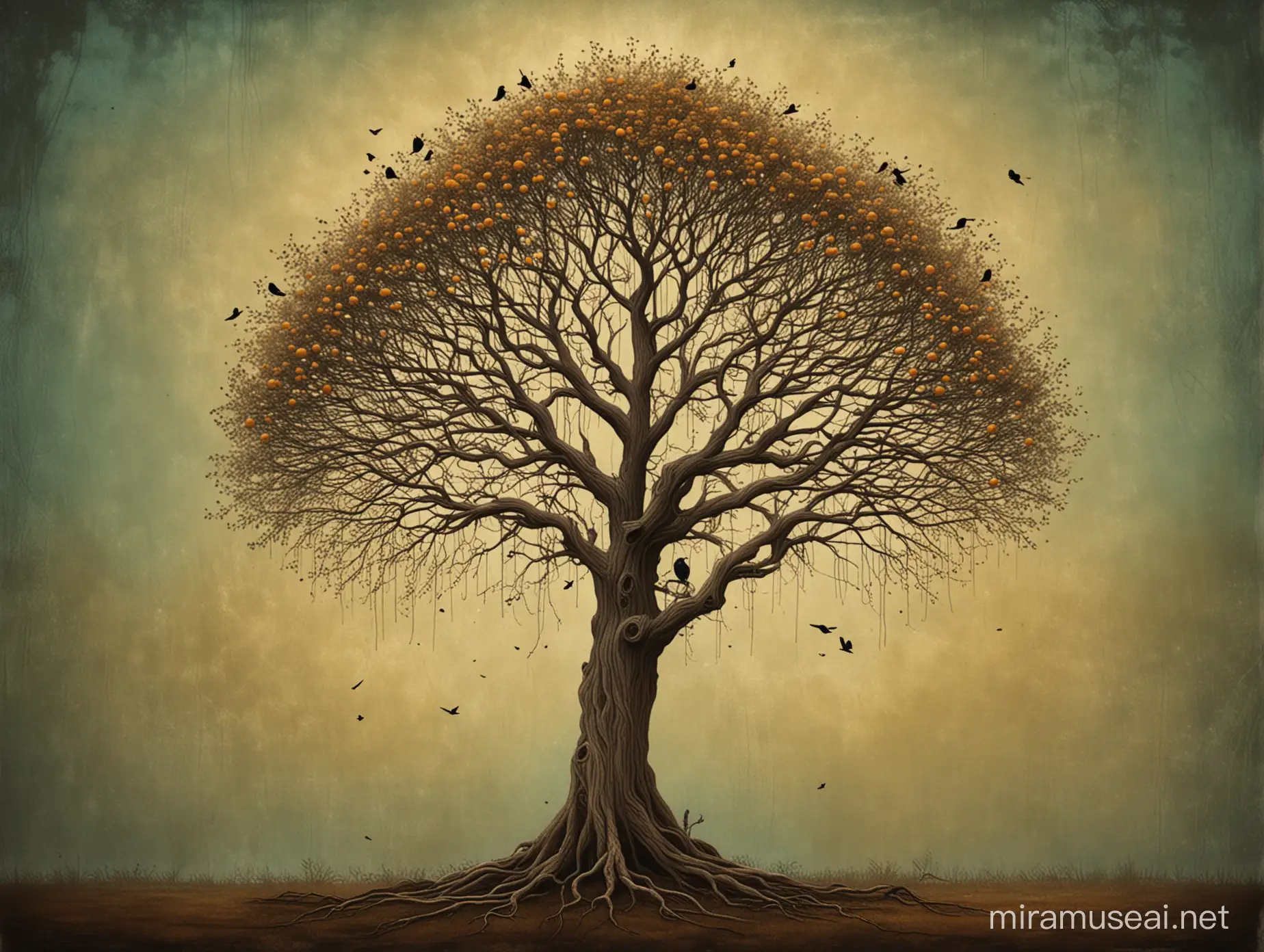 tree with bird's nests, style by Andy Kehoe
