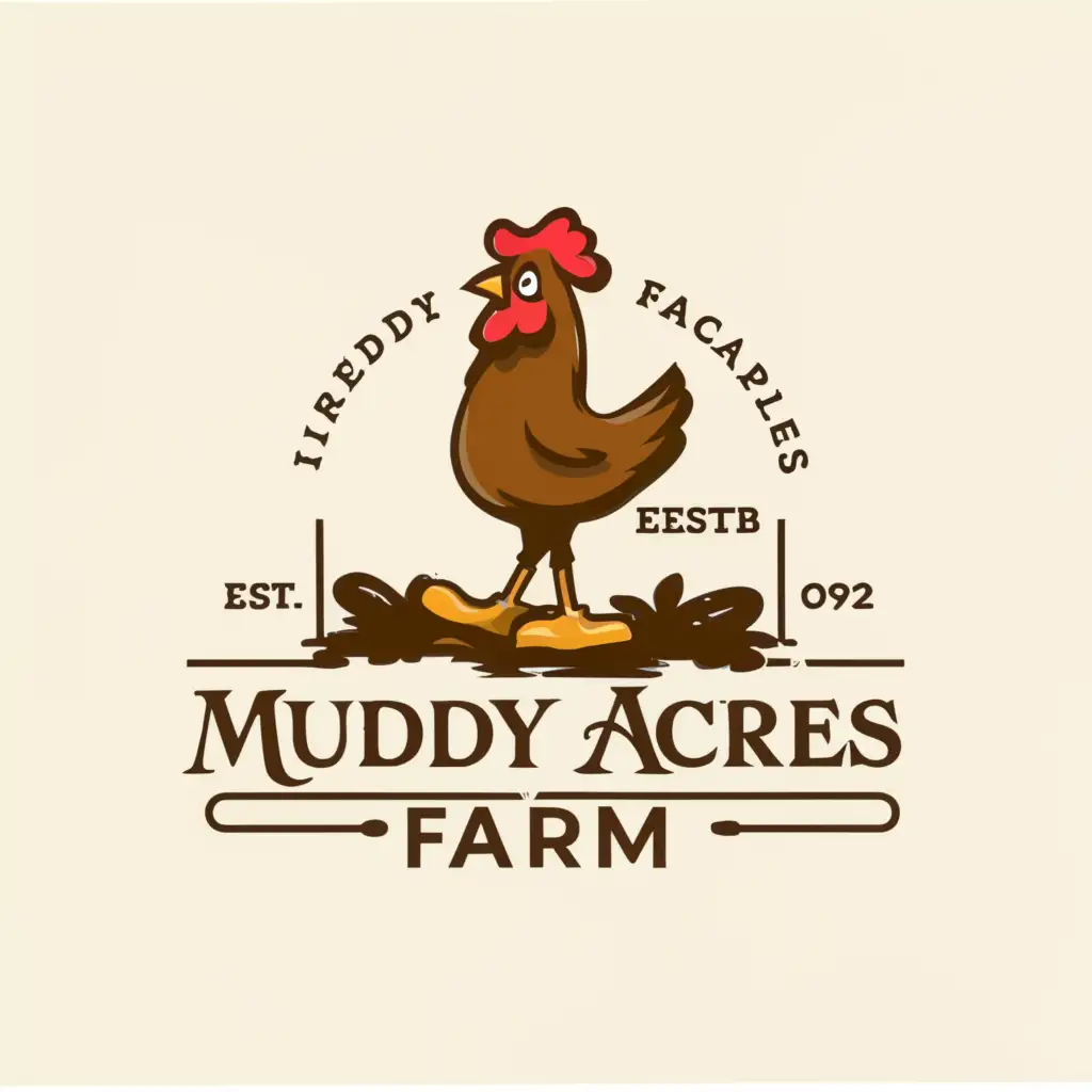 a logo design,with the text "Muddy Acres Farm", main symbol:Boots Muddy Chicken,Moderate,clear background