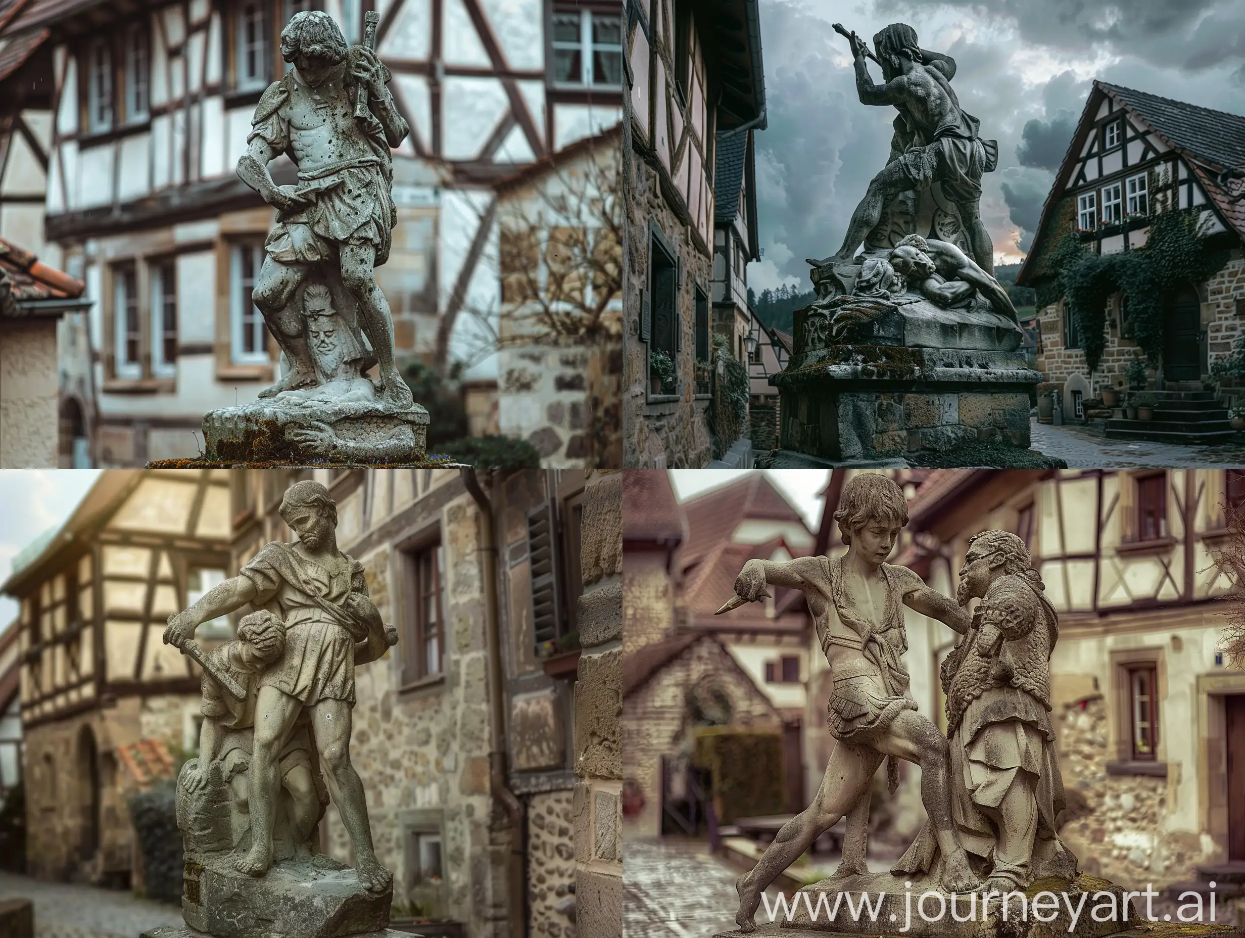 A stone statue depicting a young man murdering an old with,the stone ststue stands in the middle of an old village in an old, German village ,classical lighting,q2