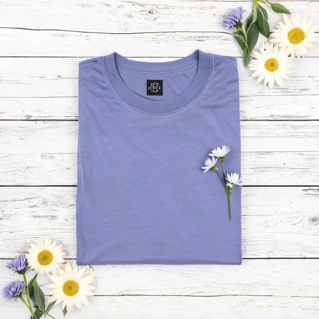 flatlay mockup of comfort colors t-shirt on wood background with flowers, realistic cloth texture, same stiches