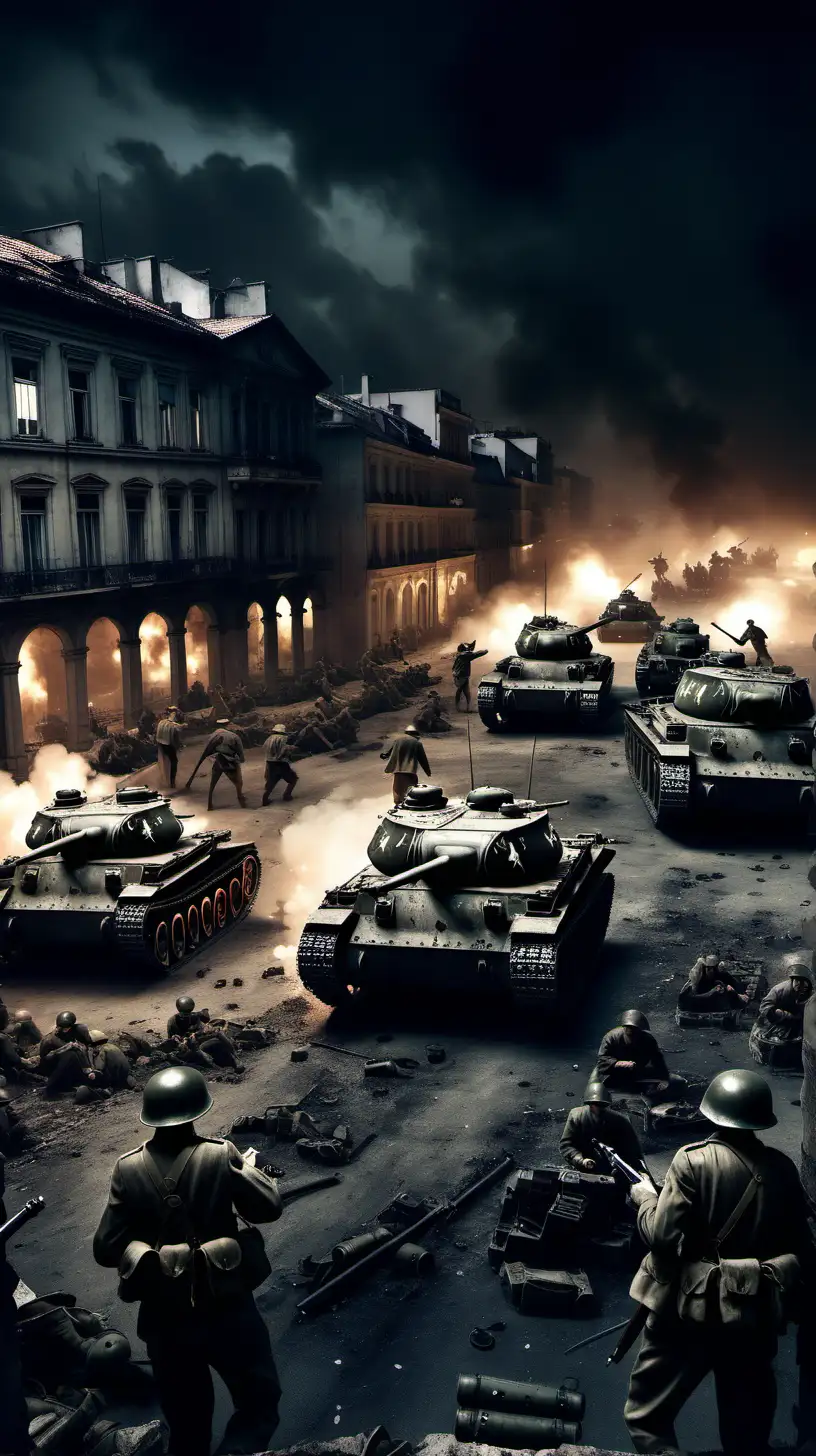 Second world war soldiers are fighting. The city is dark and there are tanks around
