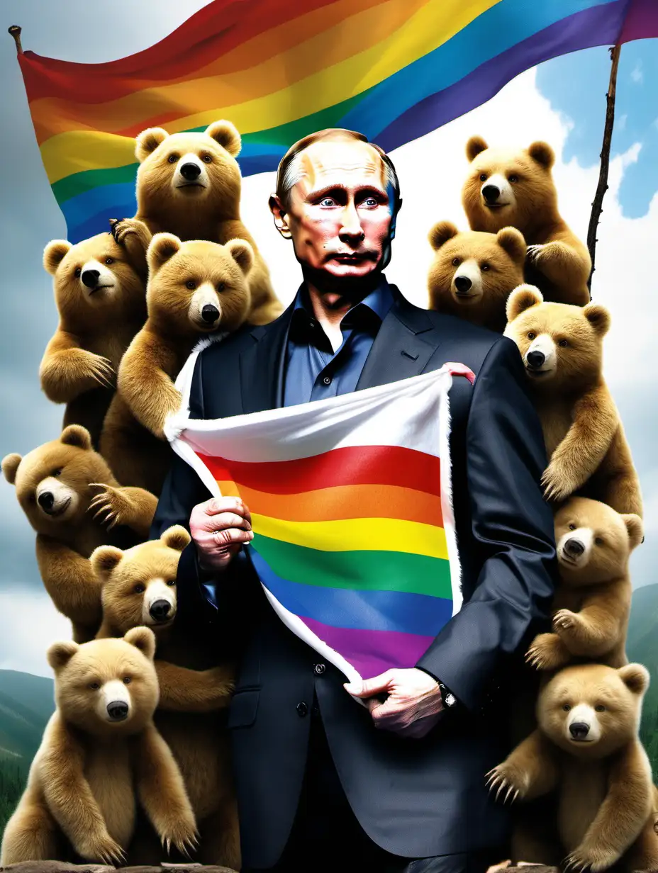 Patriotic Vladimir Putin Embraced by Rainbow Baby Bears