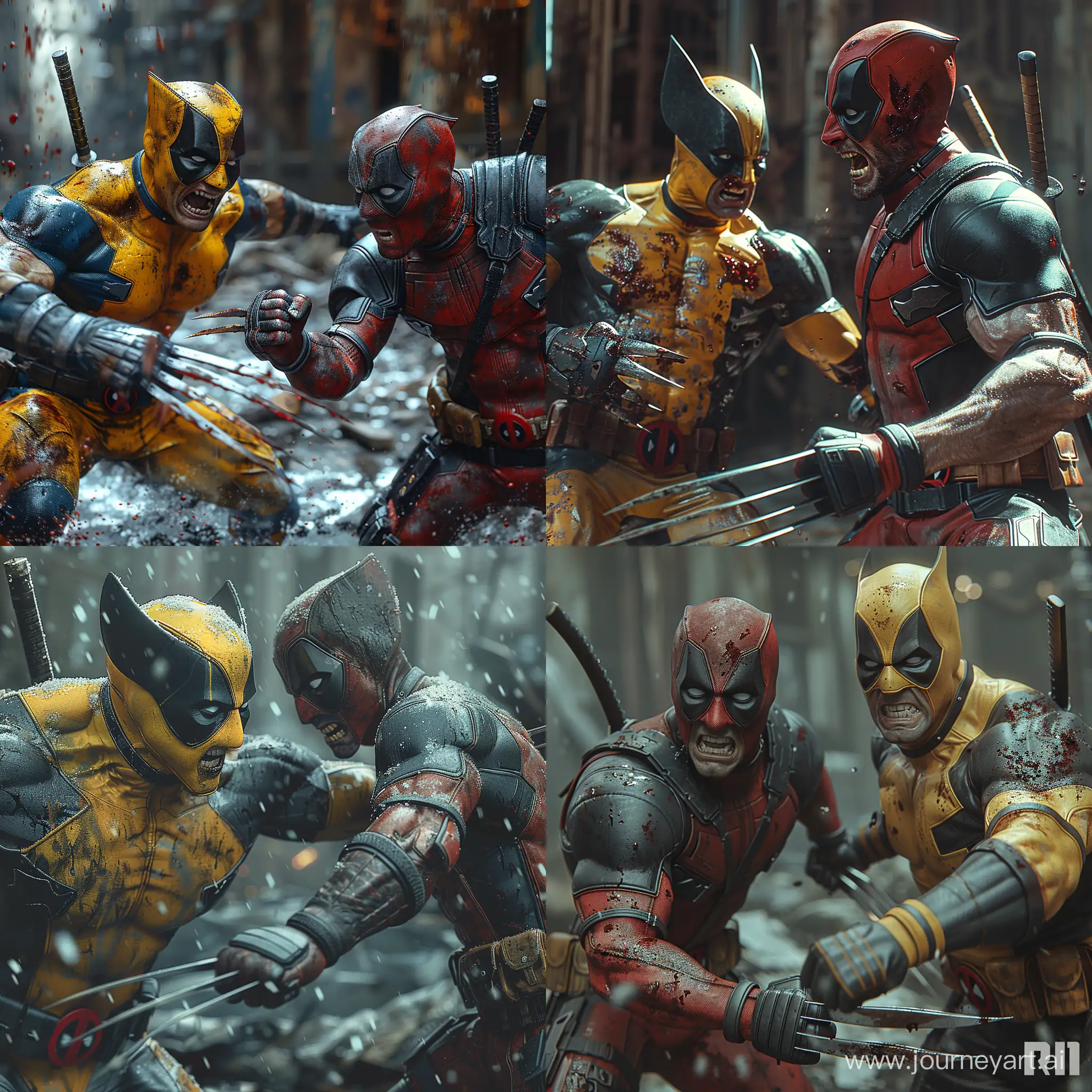 realistic wolverine from x man and  deadpool fighting, cinematic, dark, prime 1 studio, (awe-inspiring:1.1), majestic, pompous, (  (leviating:1.5), extreme detailed, chiaroscuro, harsh shadows, bloody highly detailed --style raw --stylize 500