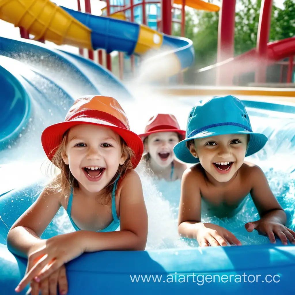 Joyful-Kids-in-Hats-Enjoying-Water-Park-Slides