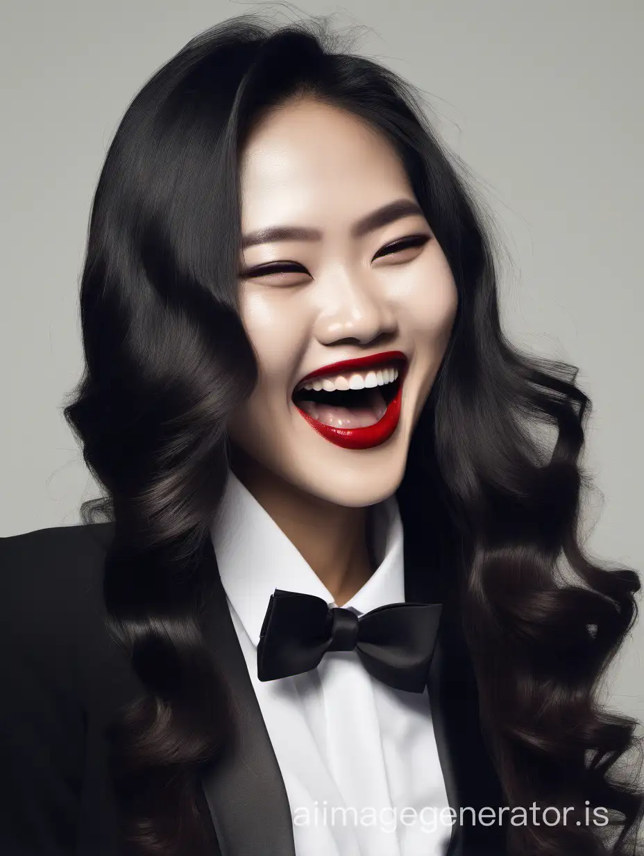 laughing Vietnamese woman with long hair and lipstick wearing a tuxedo
