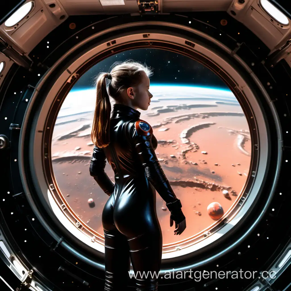 A girl in a tight black spacesuit with an open face, standing in a spaceship, looks at the planet Mars from a large window.