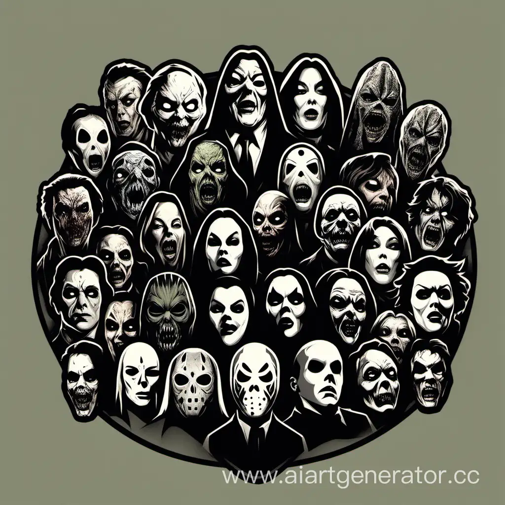 логотип с масками всех знаменитых гг фильмов ужасов