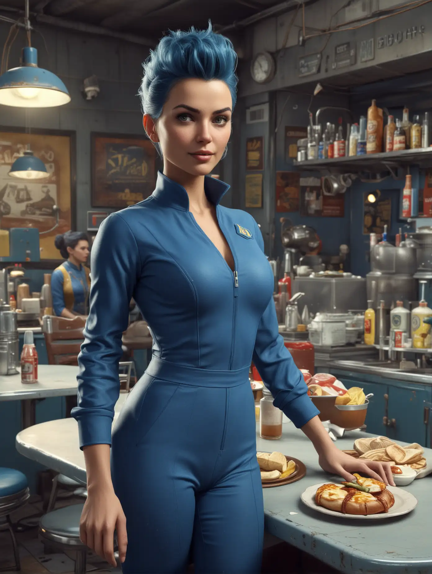 Vault dweller woman from Fallout, wearing tight blue jumpsuit, making food in a diner, atomic era style of fashion hairstyles, interiors and decor, Mr. Handy robot,

highly detailed, random details, imperfection, detailed body, detailed skin textures, skin pores, detailed colours hues tones patterns,
