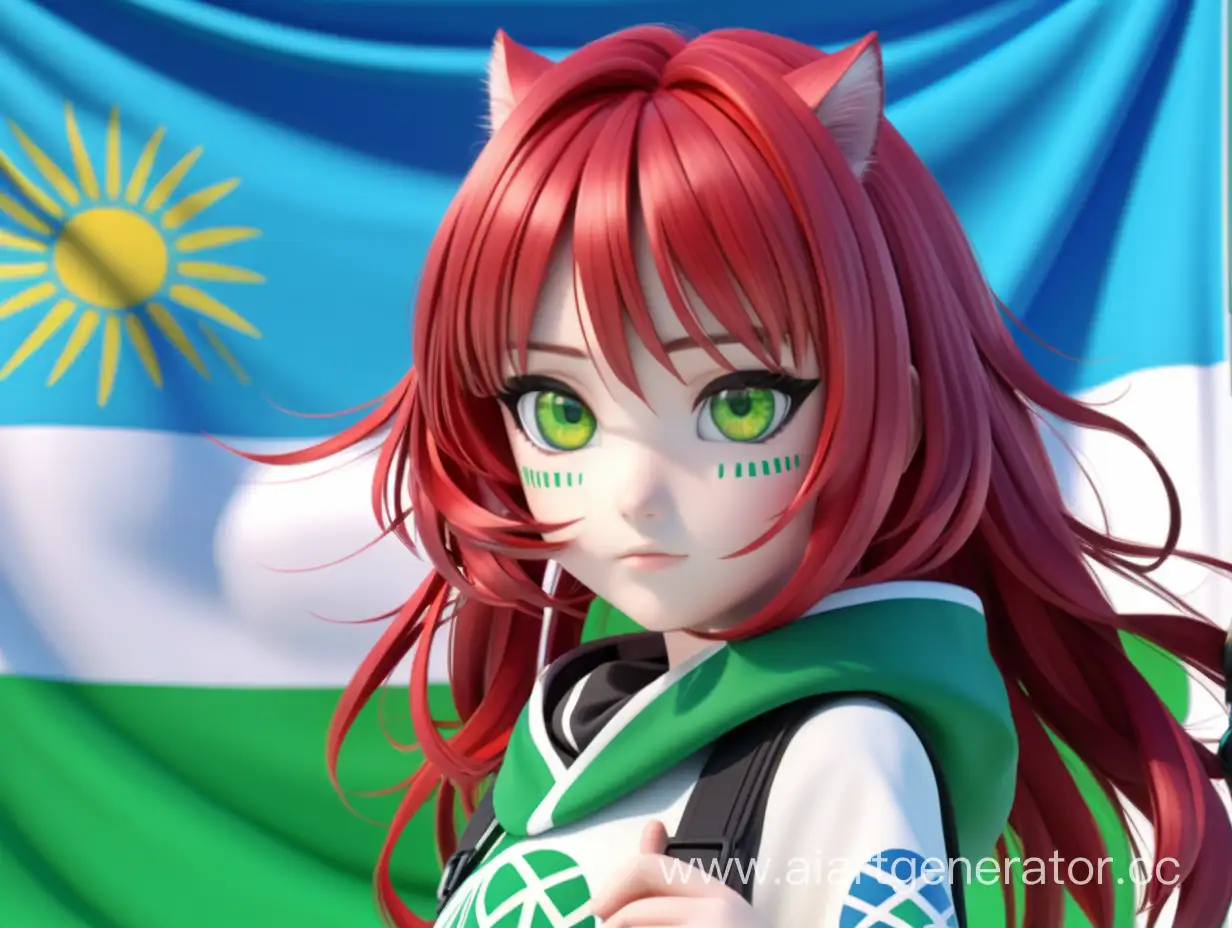 Красивая аниме 3d девушка с ярко красными волосами, с зелёными глазами неко, боевой стойкой на заднем фоне флаг узбекистана