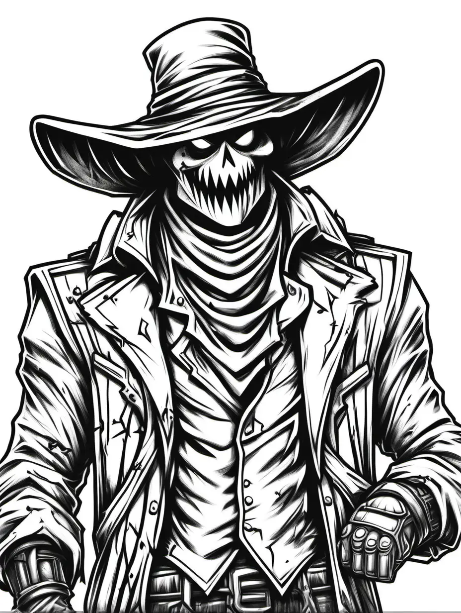 fortnite type supervillain in scarecrow style. For coloring book. Thick outlines. Black and white. No shading. White background.