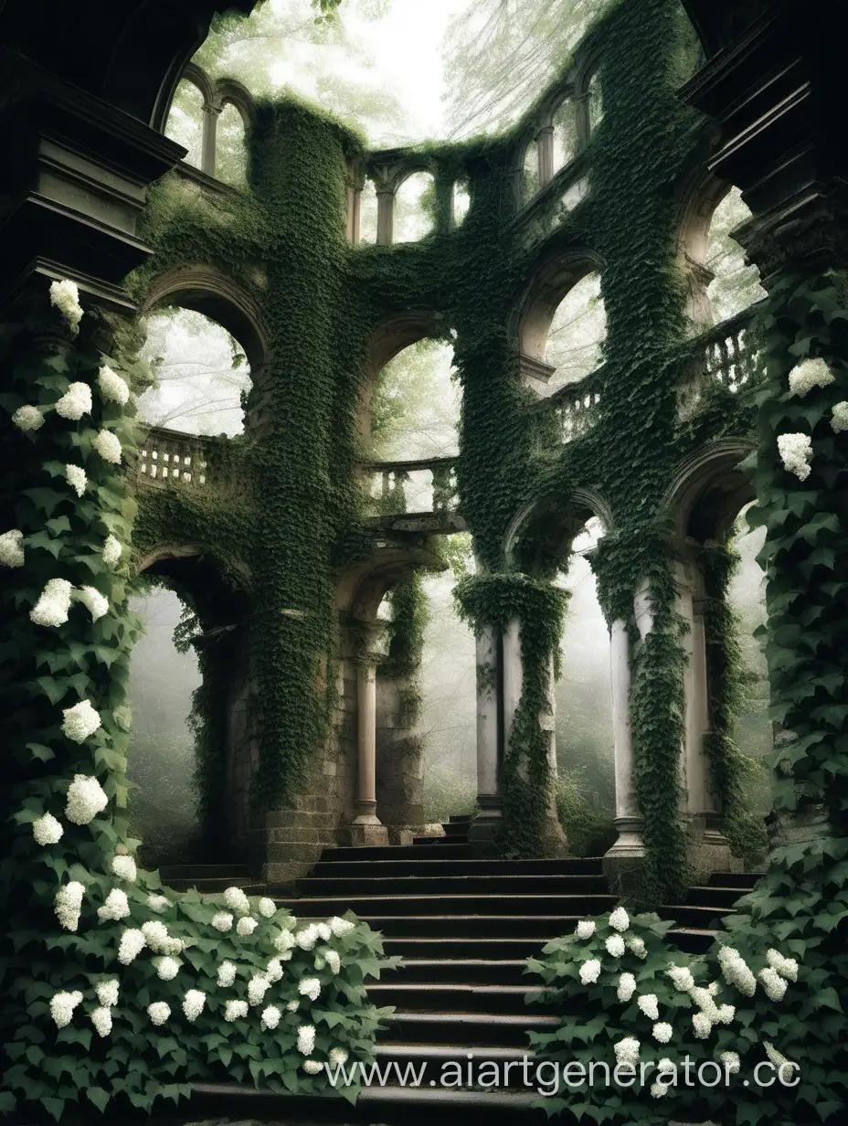 Развалины дворца среди темного леса, стены увиты плющем. Вокруг замка и на балюстрадах растут полупрозрачные белые цветы.

