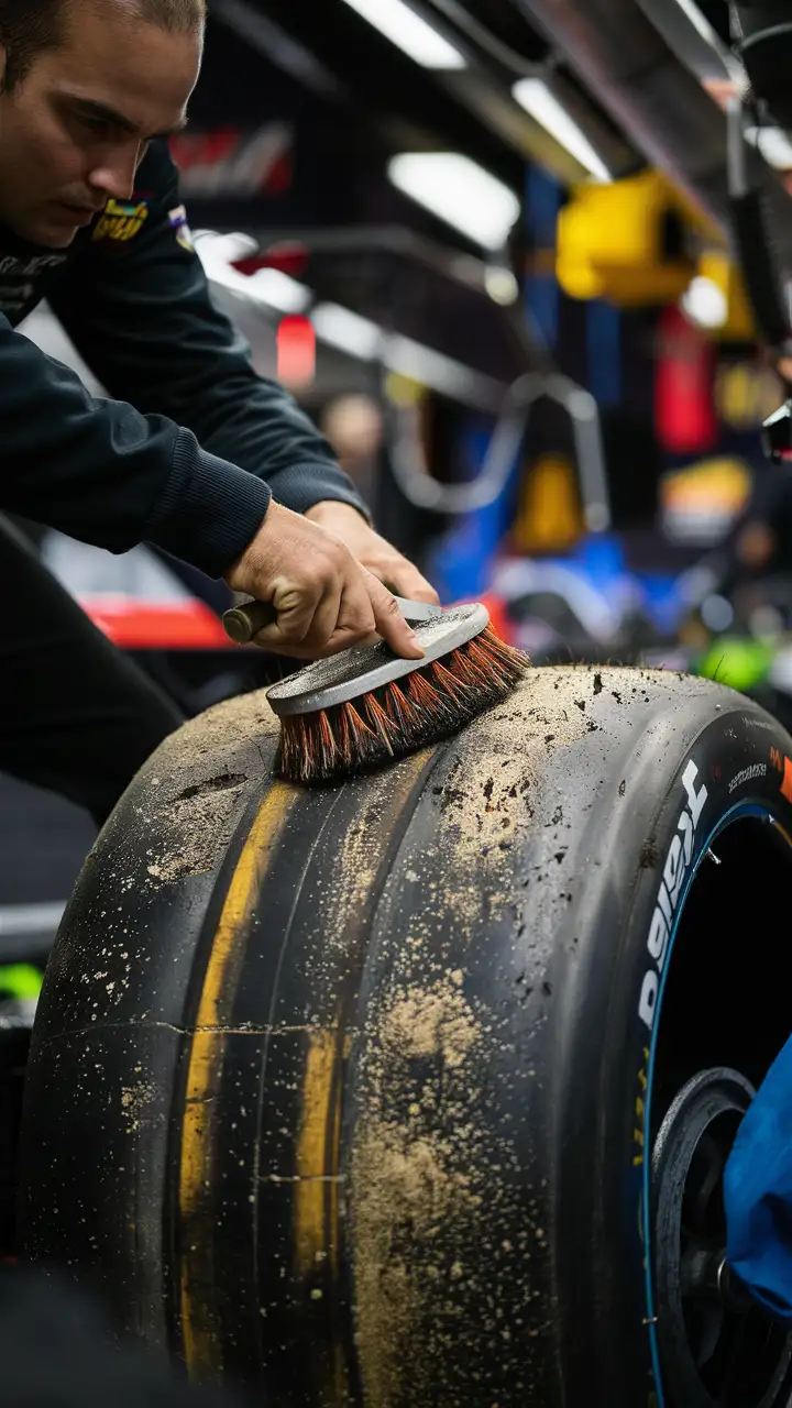 NASCAR Mechanic Cleaning Racing Tire for Peak Performance