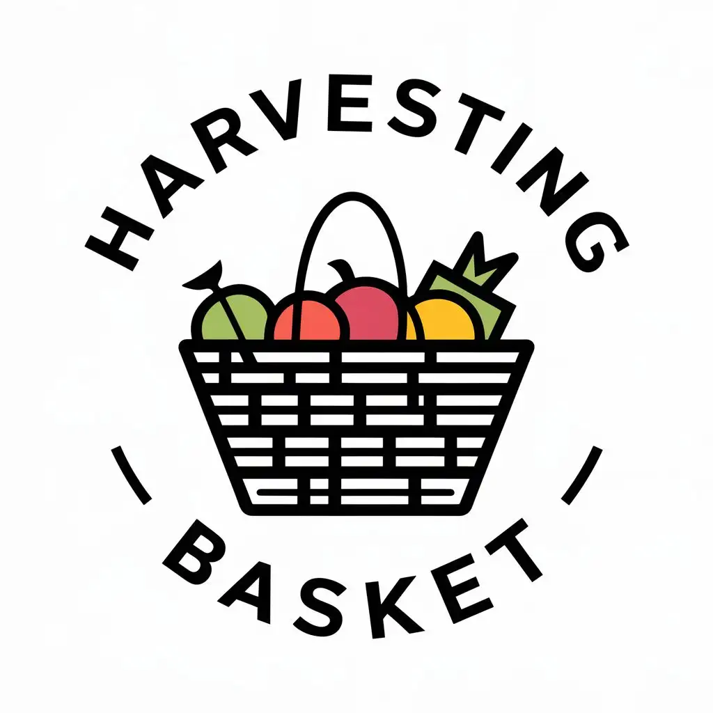 logo, Fruit and vegetable basket on white background, with the text "Harvesting Basket", typography