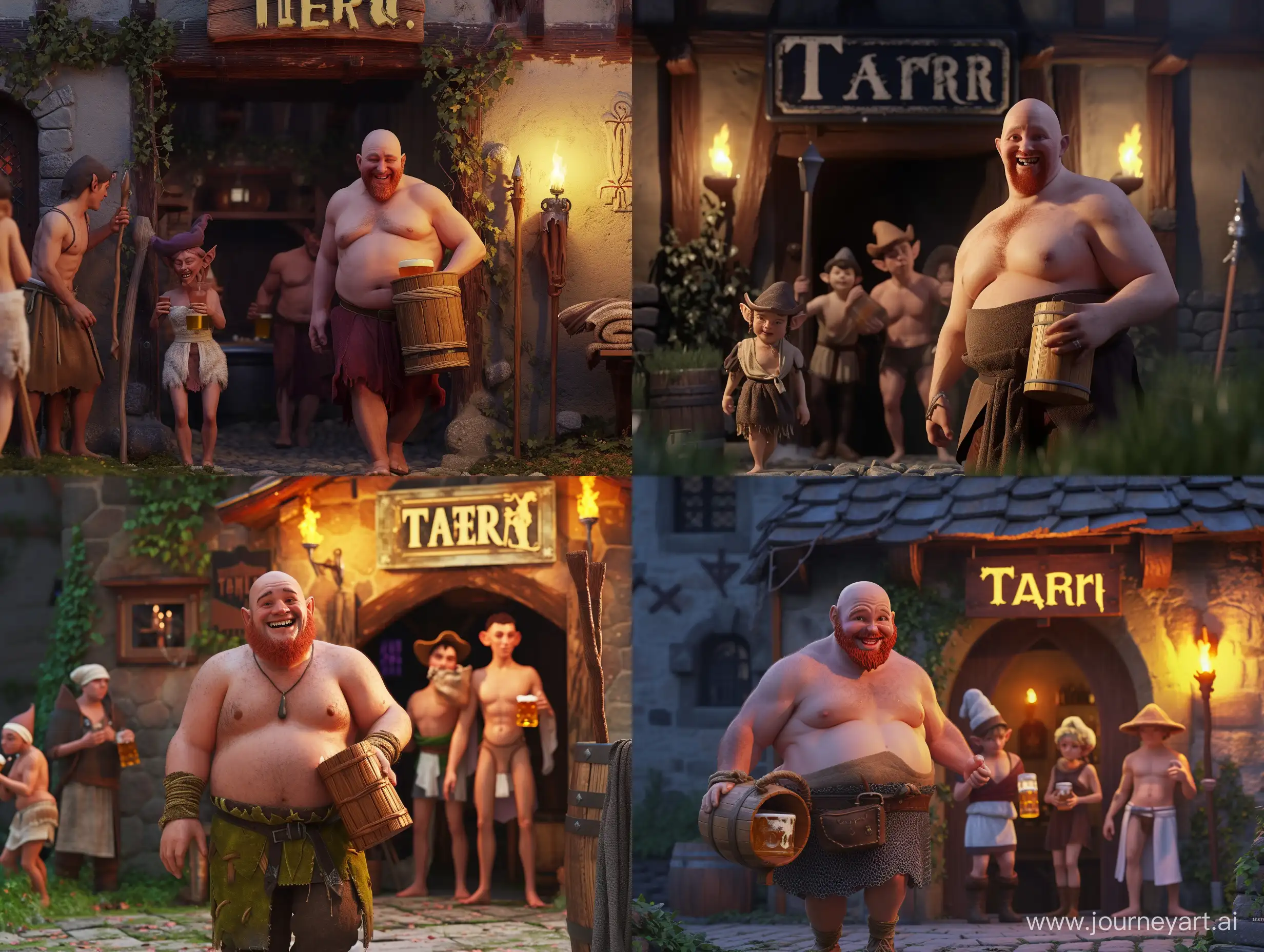 Medieval-Tavern-Revelry-Bald-Mans-Cheerful-Libation-and-Whimsical-Bathhouse-Wizards