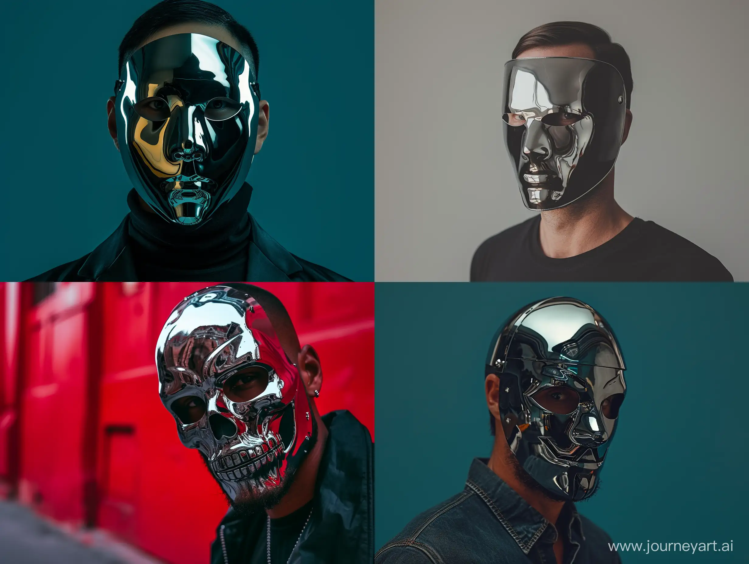 A portrait of a man wearing Chrome mask, high fashion photography 