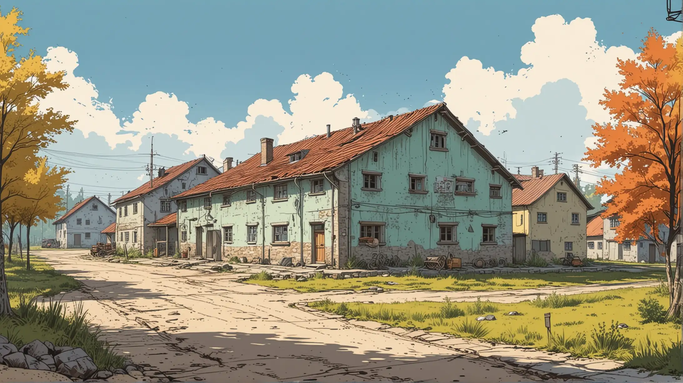Building of provision production center hidden in village, ww2 setting drawn in comic style colored