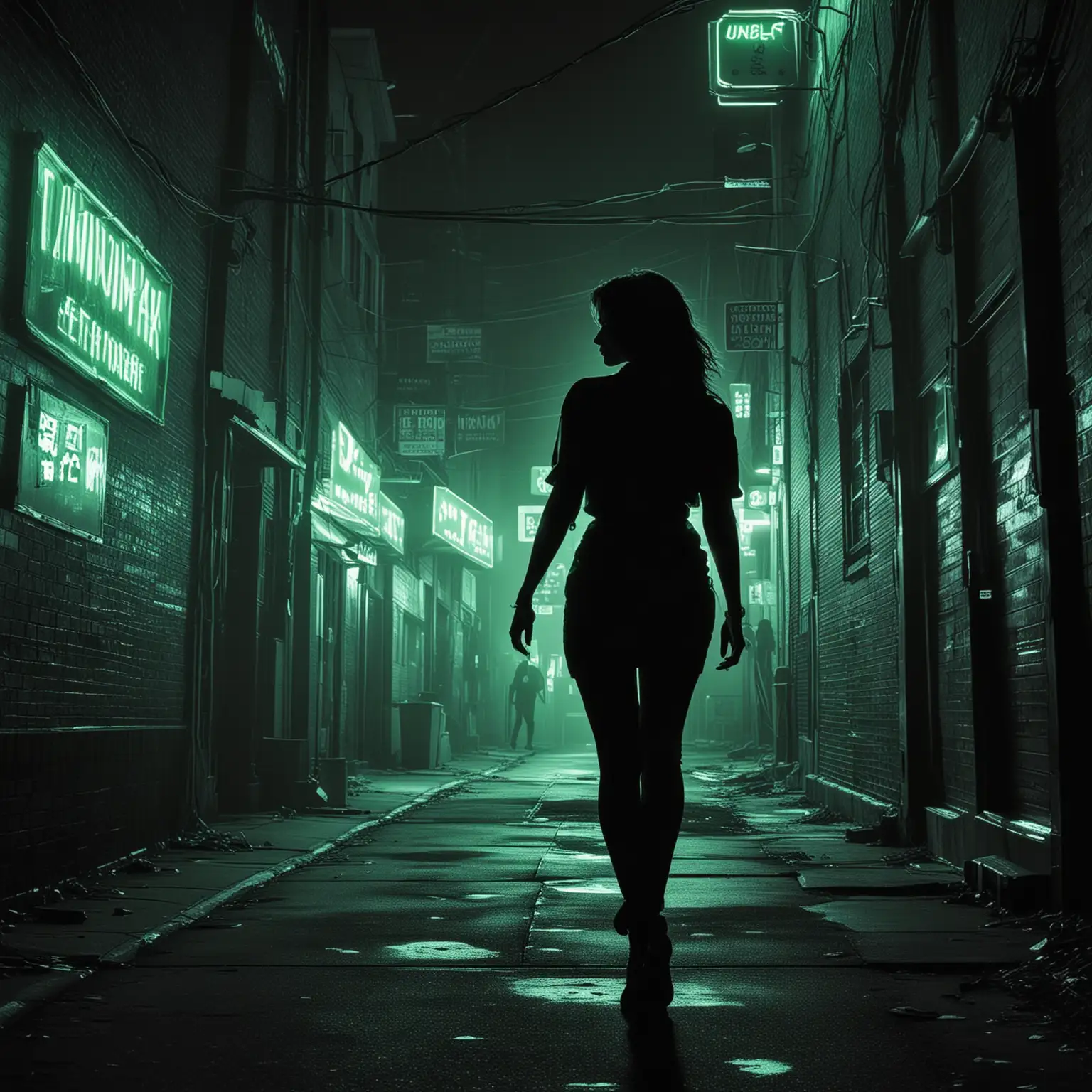 Urban Night Scene Woman Walking Under Neon Sky