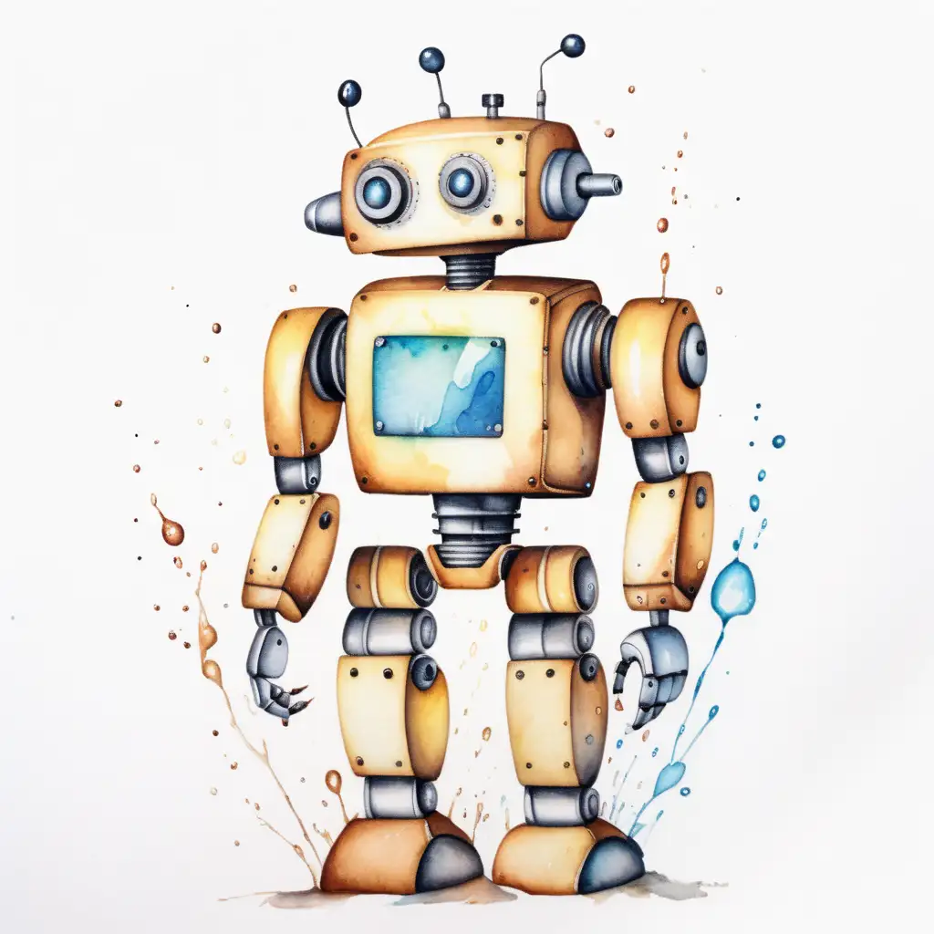 watercolored robot with plain  white background