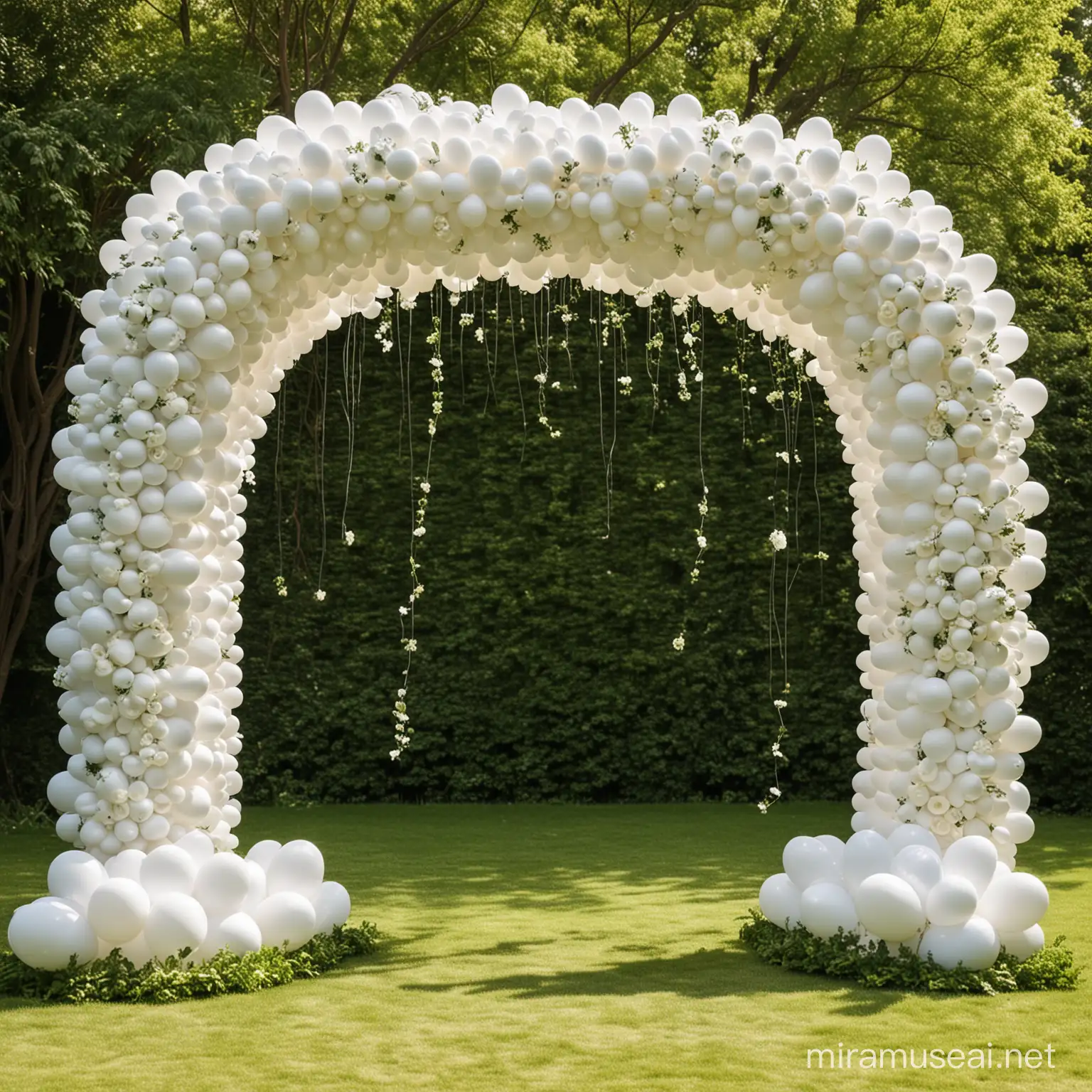 arche de mariage blanc en forme de mur, avec  des ballons, posé sur un sol tres verdoyant avec la lumiers du soleil
