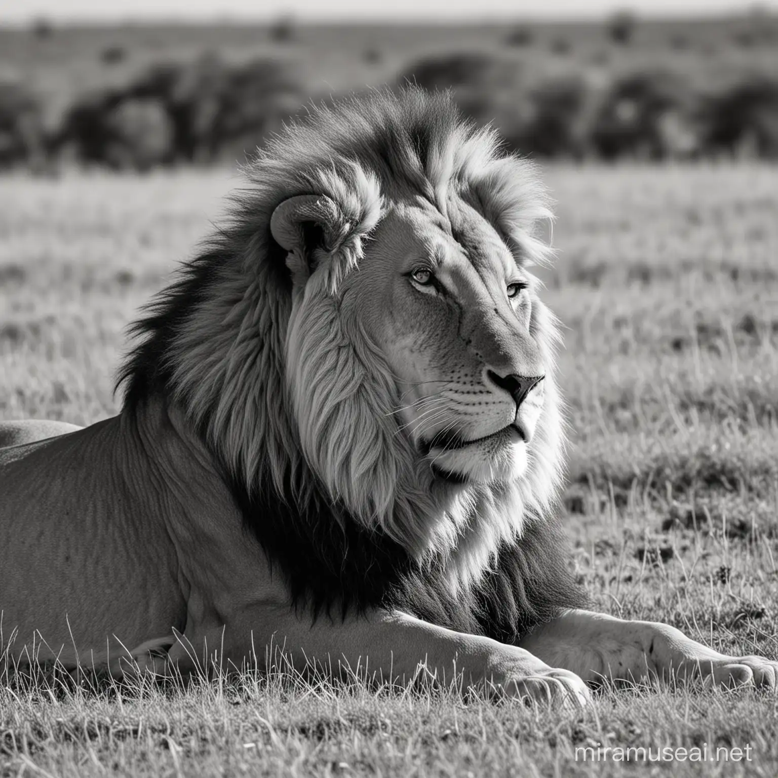 imagen de un leon acostado en la sabana ruguiendo y la imagen que sea en blanco y negro