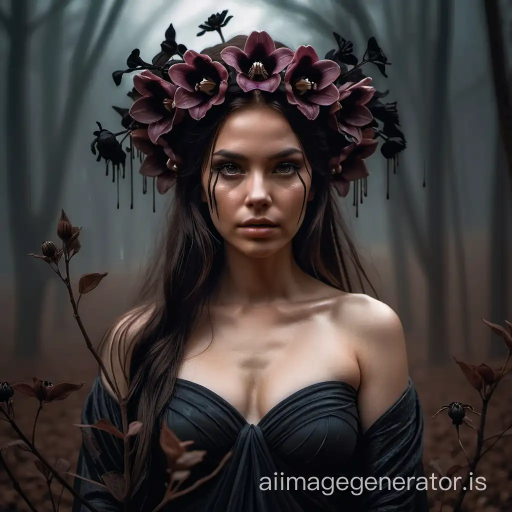 portrait of a goddess like women who looks like she is from the underworld with dark flowers wilting around her