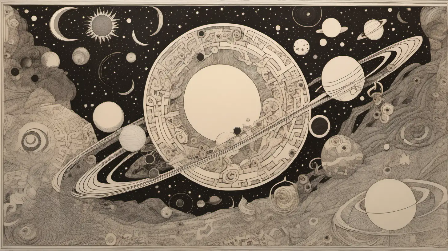 solar eclipse with planets , astrological drawings, etching,, bold color, muted palette,, loose line drawing, playfully intricate, puzzle-like elements, loose line drawing